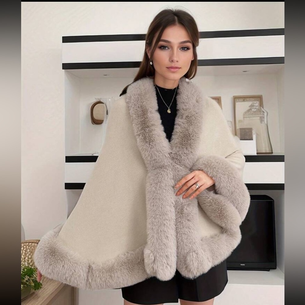 Faux Fur Trim Open Front Coat, Shawl Batwing Sleeve, Cape Glam for Wedding, Prom